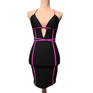 Tiger Mist Black and Pink Strappy Halter Mini Dress